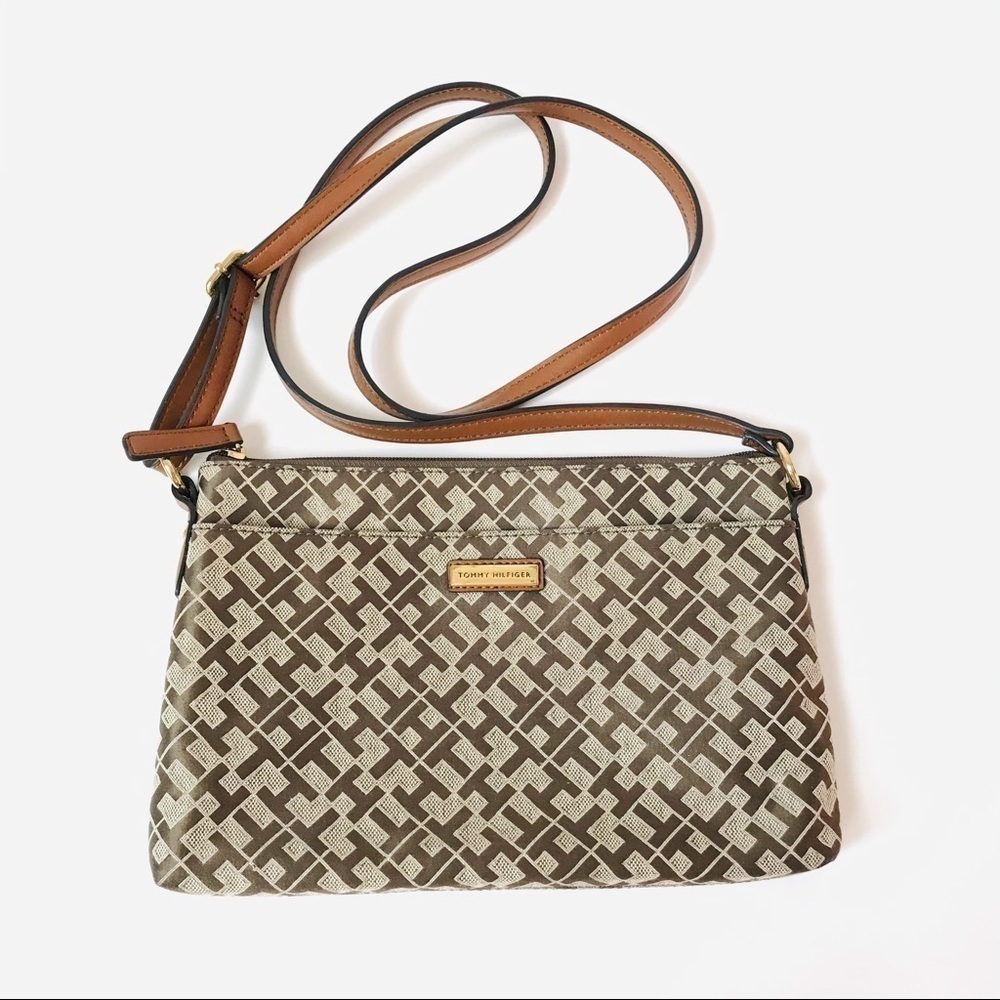 Tommy Hilfiger Canvas Tan Logo Print Small Crossbody Bag